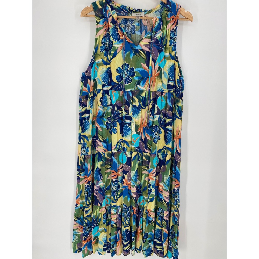 Cupio Midi Dress Women XL Blue Green Yellow Tropical Floral Tiered Sleeveless